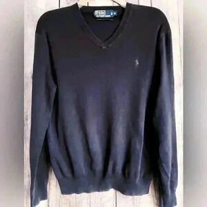 Vintage Polo Ralph Lauren V-Neck Sweater Sz M Long Sleeve 100% Pima Cotton Navy